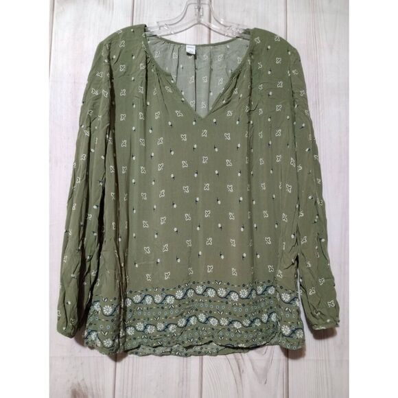 Old Navy Shirt Ladies Large Green Pink Floral Long Sleeve VNECK Light Weight Boh - Picture 1 of 7